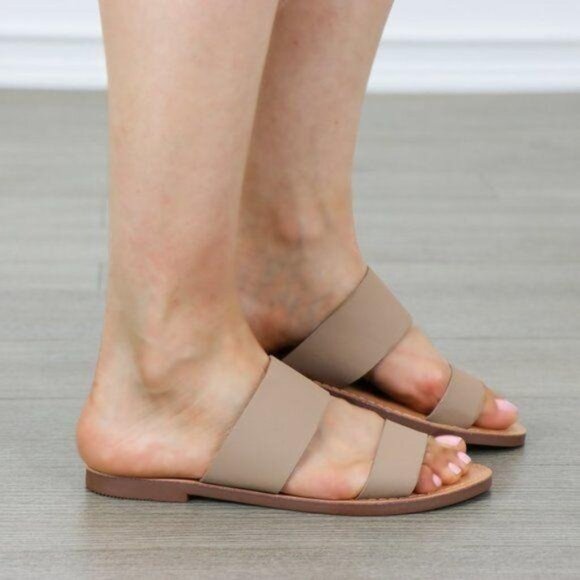 Slip On 2 Strap Flat Sandal Tan Faux Leather - Picture 6 of 8
